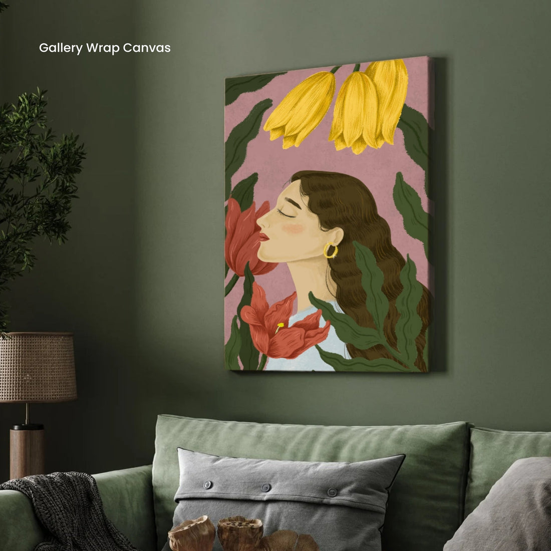 Whispers of Bloom – Woman with Flowers Wall Art Print 2 : 3 Vertical Premium Wall Art Canvas by MeriDeewar