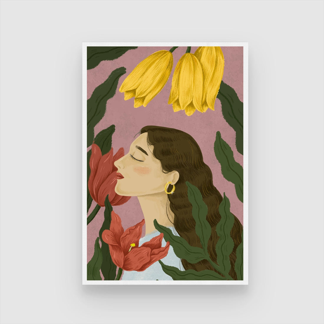 Whispers of Bloom – Woman with Flowers Wall Art Print 2 : 3 Vertical Premium Wall Art Canvas by MeriDeewar