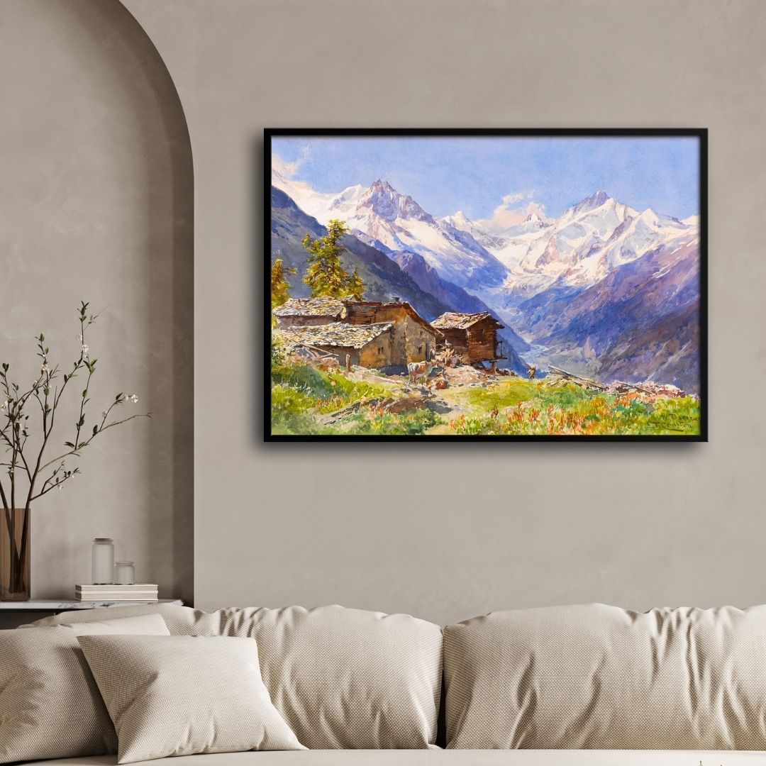 Whispers of the Alps – Rustic Village in the Valley 2 : 3 Horizontal Premium Wall Art Canvas by MeriDeewar