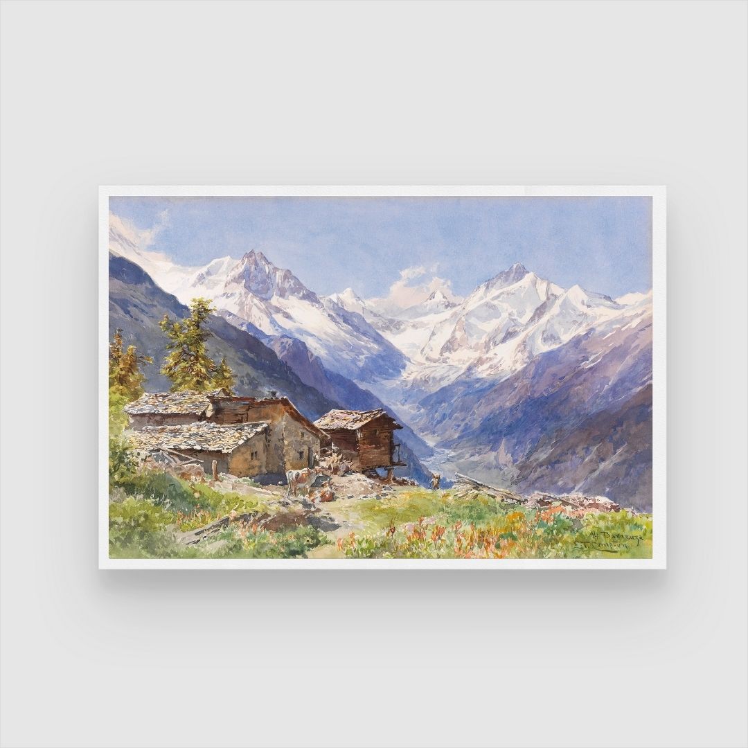Whispers of the Alps – Rustic Village in the Valley 2 : 3 Horizontal Premium Wall Art Canvas by MeriDeewar