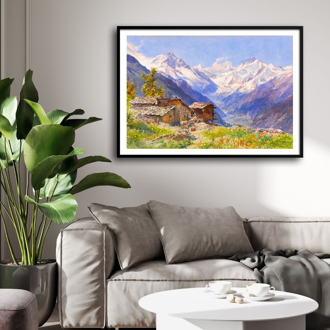 Whispers of the Alps – Rustic Village in the Valley 2 : 3 Horizontal Premium Wall Art Canvas by MeriDeewar