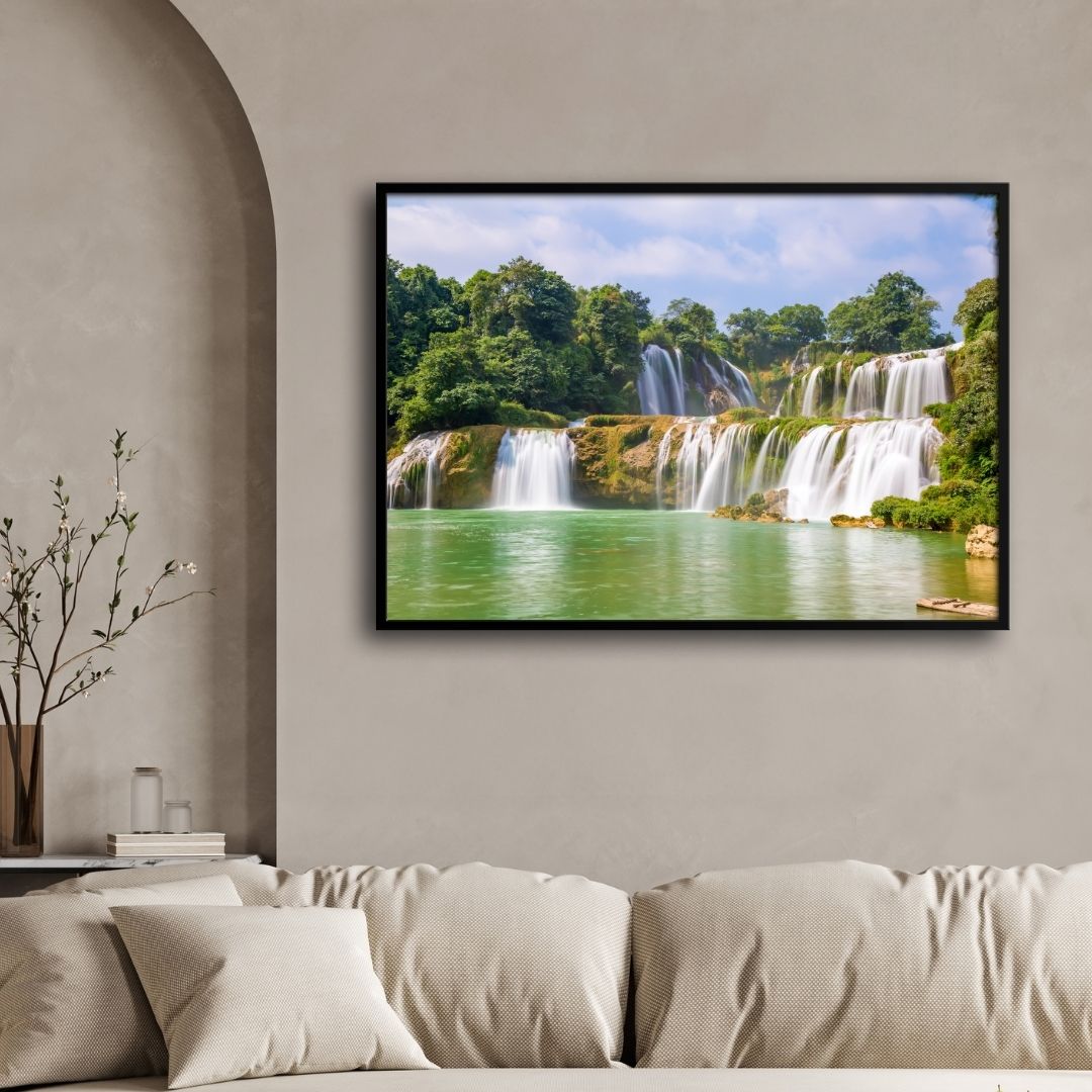 Whispers of the Falls – Tranquil Waterfall Landscape 2 : 3 Horizontal Premium Wall Art Canvas by MeriDeewar