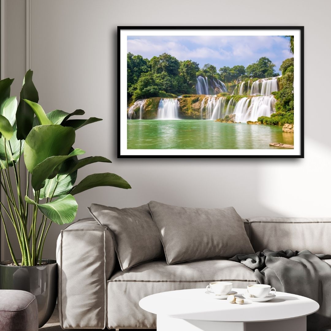 Whispers of the Falls – Tranquil Waterfall Landscape 2 : 3 Horizontal Premium Wall Art Canvas by MeriDeewar