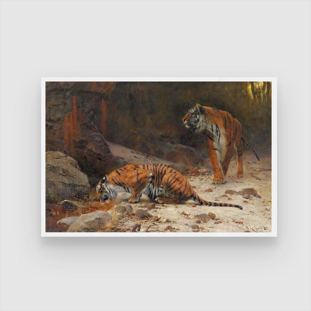 Whispers of the Jungle – The Tiger Pair 2 : 3 Horizontal Premium Wall Art Canvas by MeriDeewar