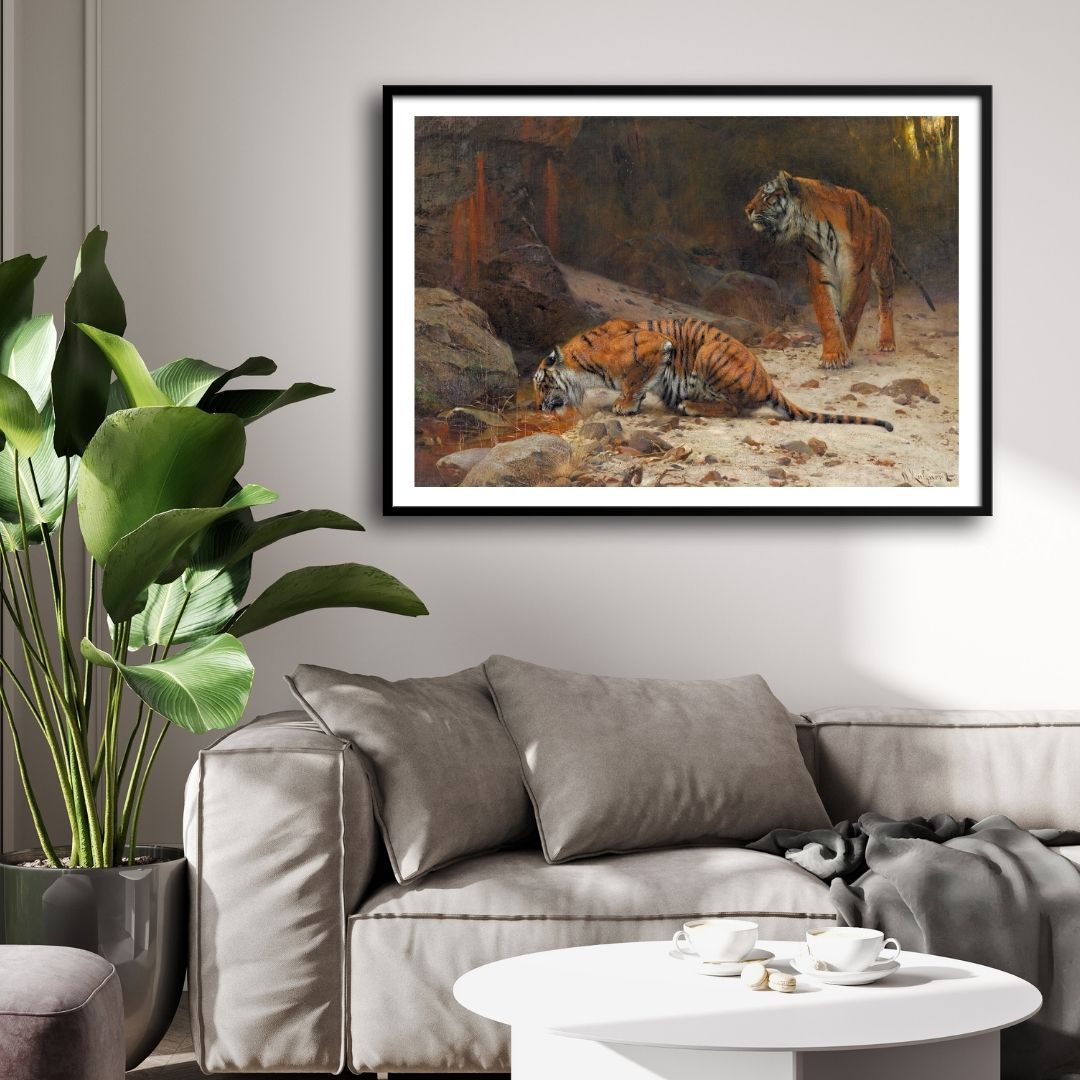 Whispers of the Jungle – The Tiger Pair 2 : 3 Horizontal Premium Wall Art Canvas by MeriDeewar