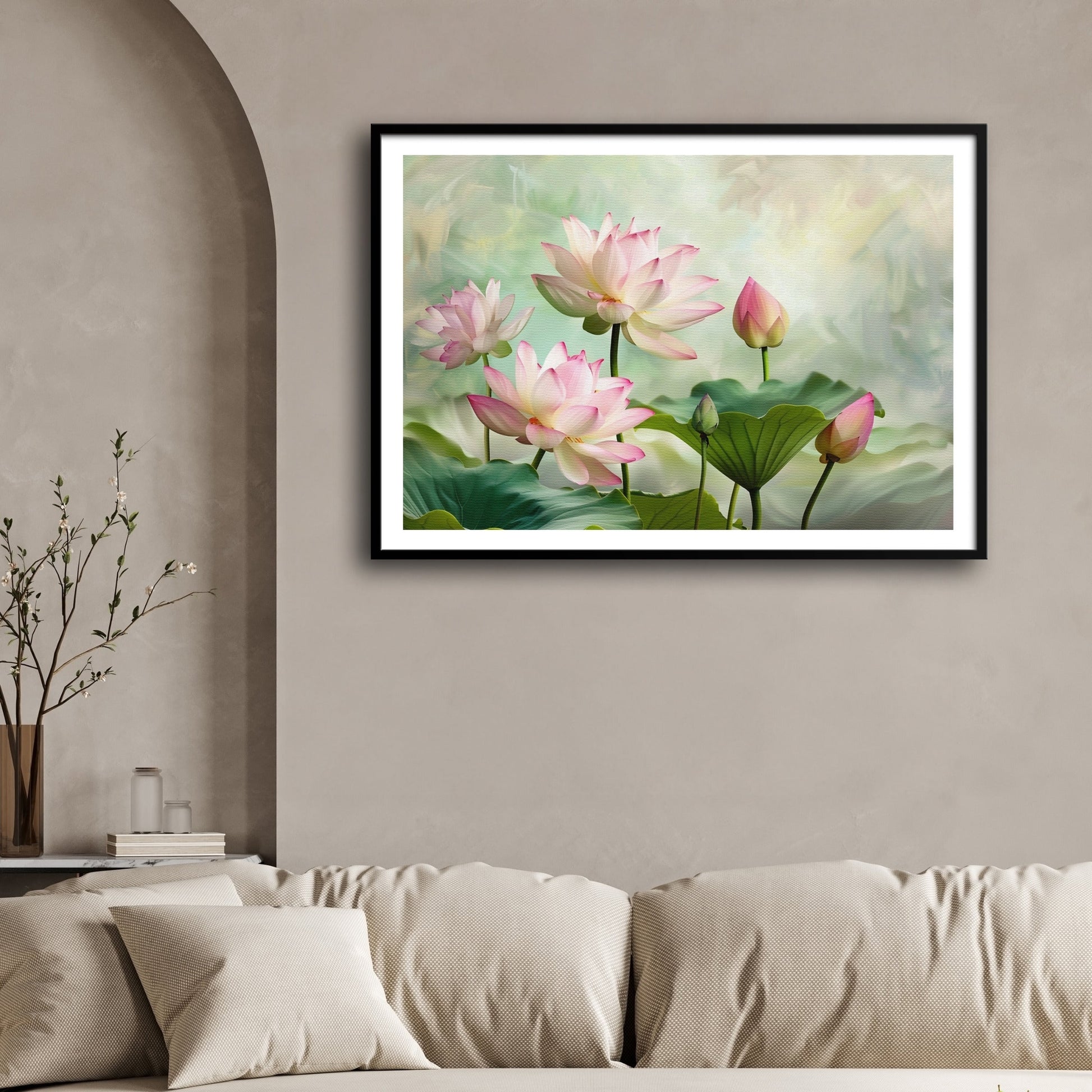 Whispers of the Lotus – Tranquil Bloom Wall Art 2 : 3 Horizontal Premium Wall Art Canvas by MeriDeewar