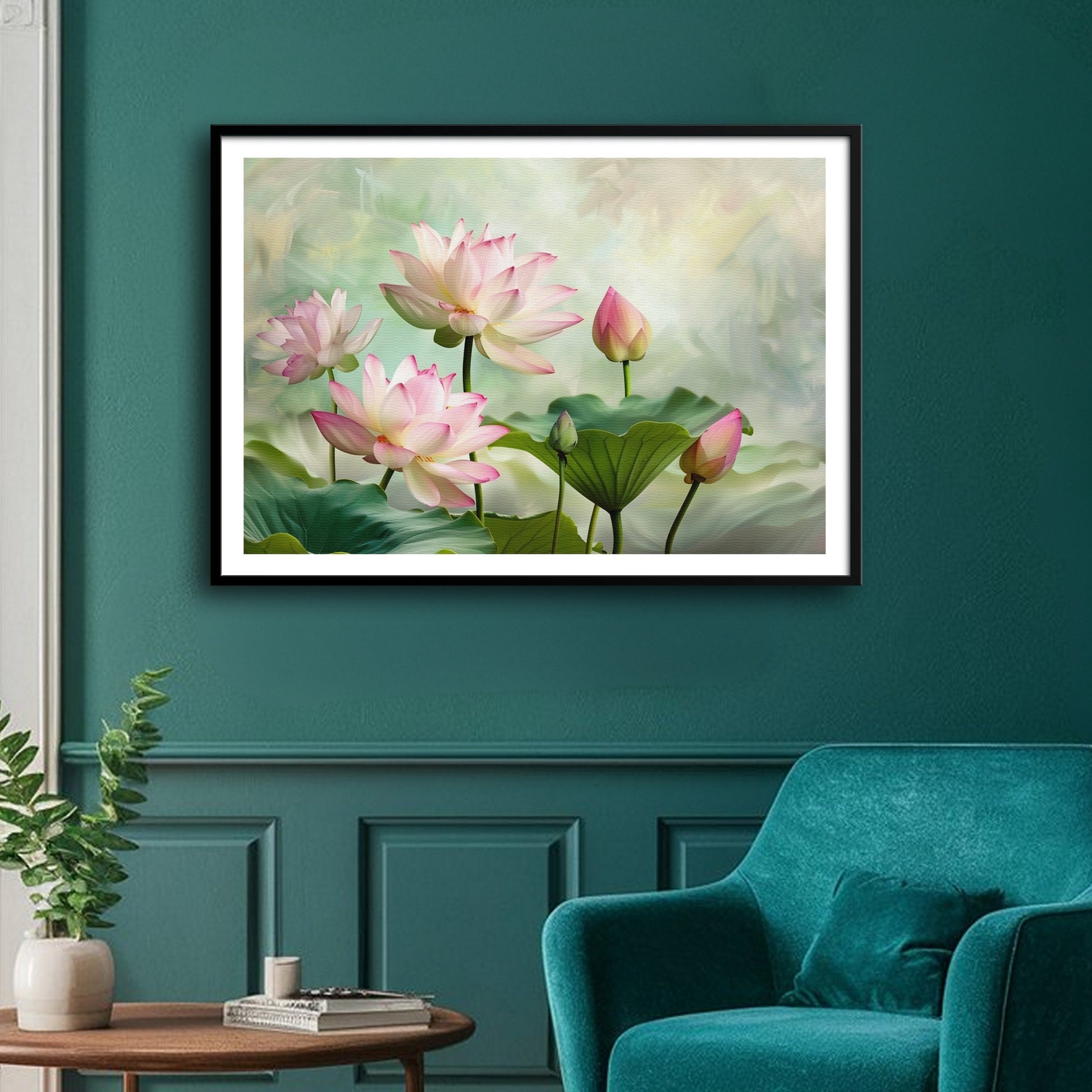 Whispers of the Lotus – Tranquil Bloom Wall Art 2 : 3 Horizontal Premium Wall Art Canvas by MeriDeewar