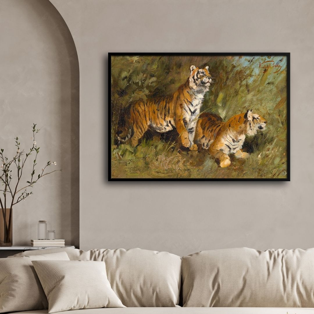 Whispers of the Wild – Tiger Duo in Grassland 2 : 3 Horizontal Premium Wall Art Canvas by MeriDeewar