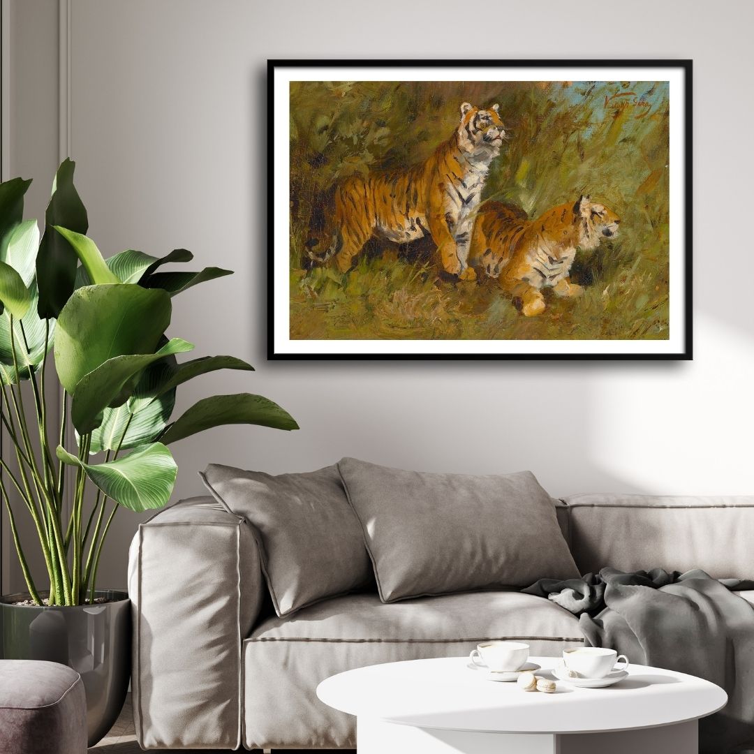 Whispers of the Wild – Tiger Duo in Grassland 2 : 3 Horizontal Premium Wall Art Canvas by MeriDeewar
