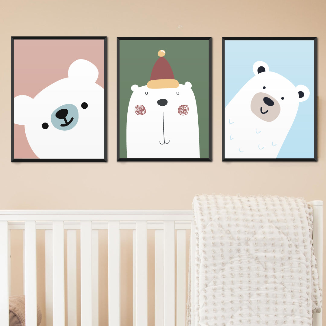 White Bear wall Art Set of 3 Walls Premium Wall Art Canvas by MeriDeewar