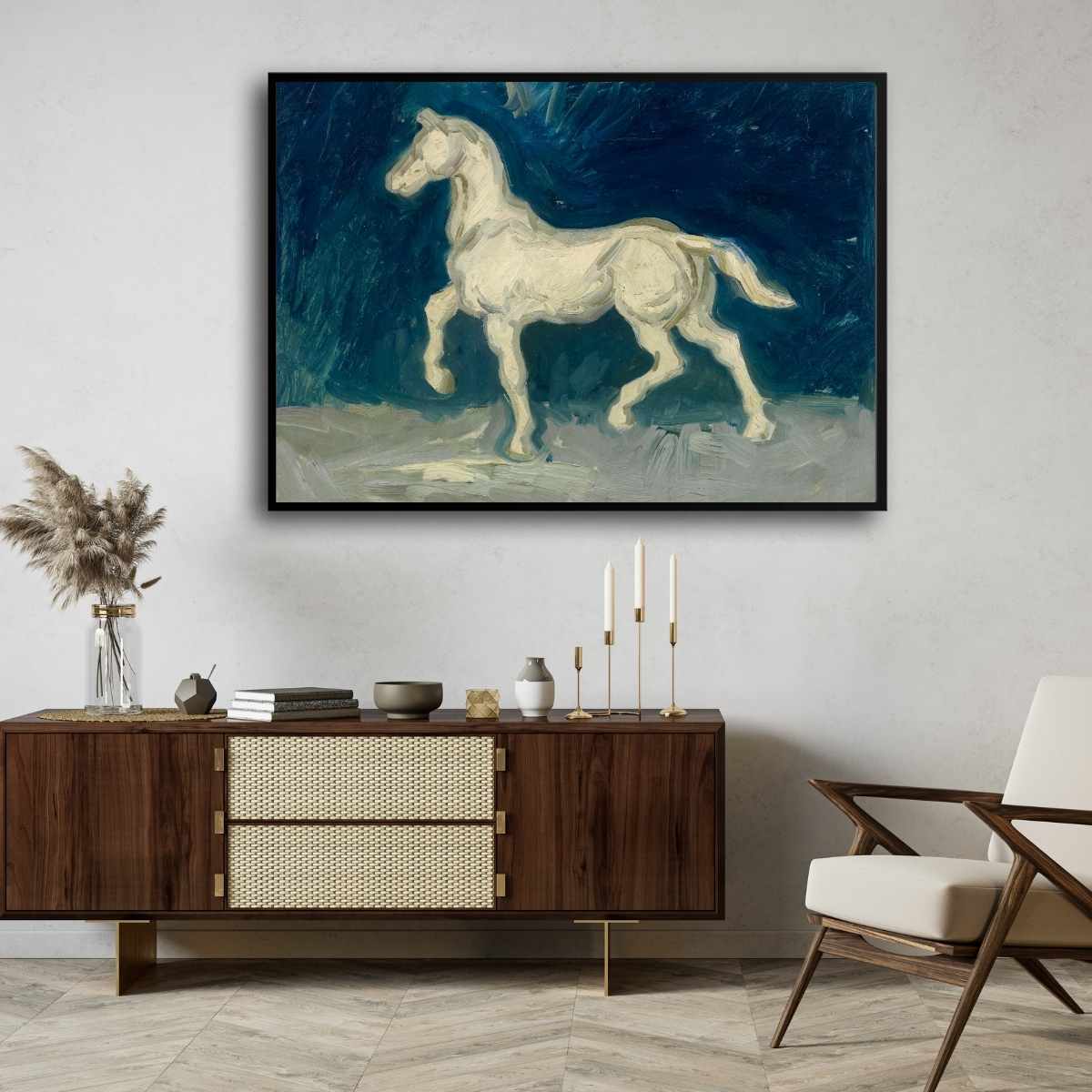 White Horse Painting for Living Room | Van Gogh Wall Art | Giclée Fine Art Print 4 : 3 Horizontal Premium Wall Art Canvas by MeriDeewar