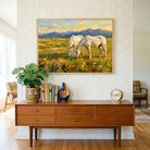 "White Horses Grazing in the Meadow" Giclée Print | Indian Wall Art Print 3 : 2 Horizontal Premium Wall Art Canvas by MeriDeewar