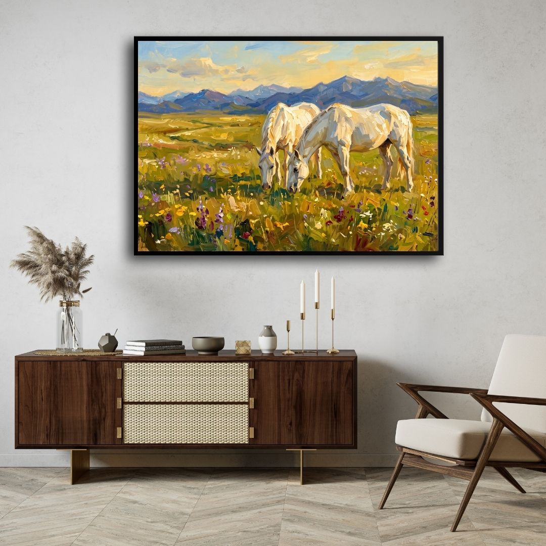 "White Horses Grazing in the Meadow" Giclée Print | Indian Wall Art Print 3 : 2 Horizontal Premium Wall Art Canvas by MeriDeewar