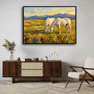 "White Horses Grazing in the Meadow" Giclée Print | Indian Wall Art Print 3 : 2 Horizontal Premium Wall Art Canvas by MeriDeewar