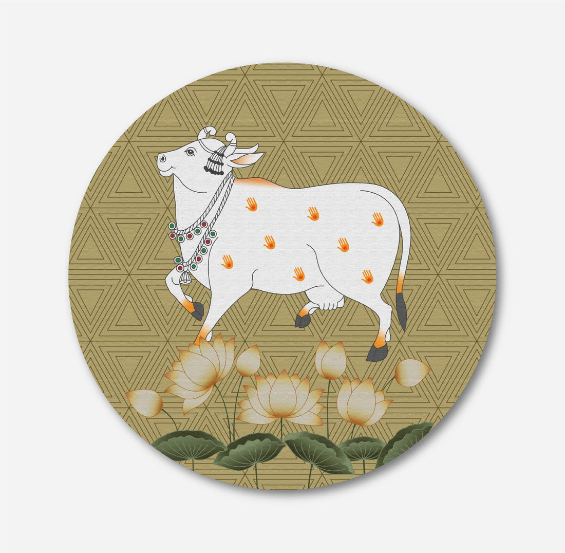 White Pichwai Cow Circular Canvas Frame Circular Canvas Frame Premium Wall Art Canvas by MeriDeewar