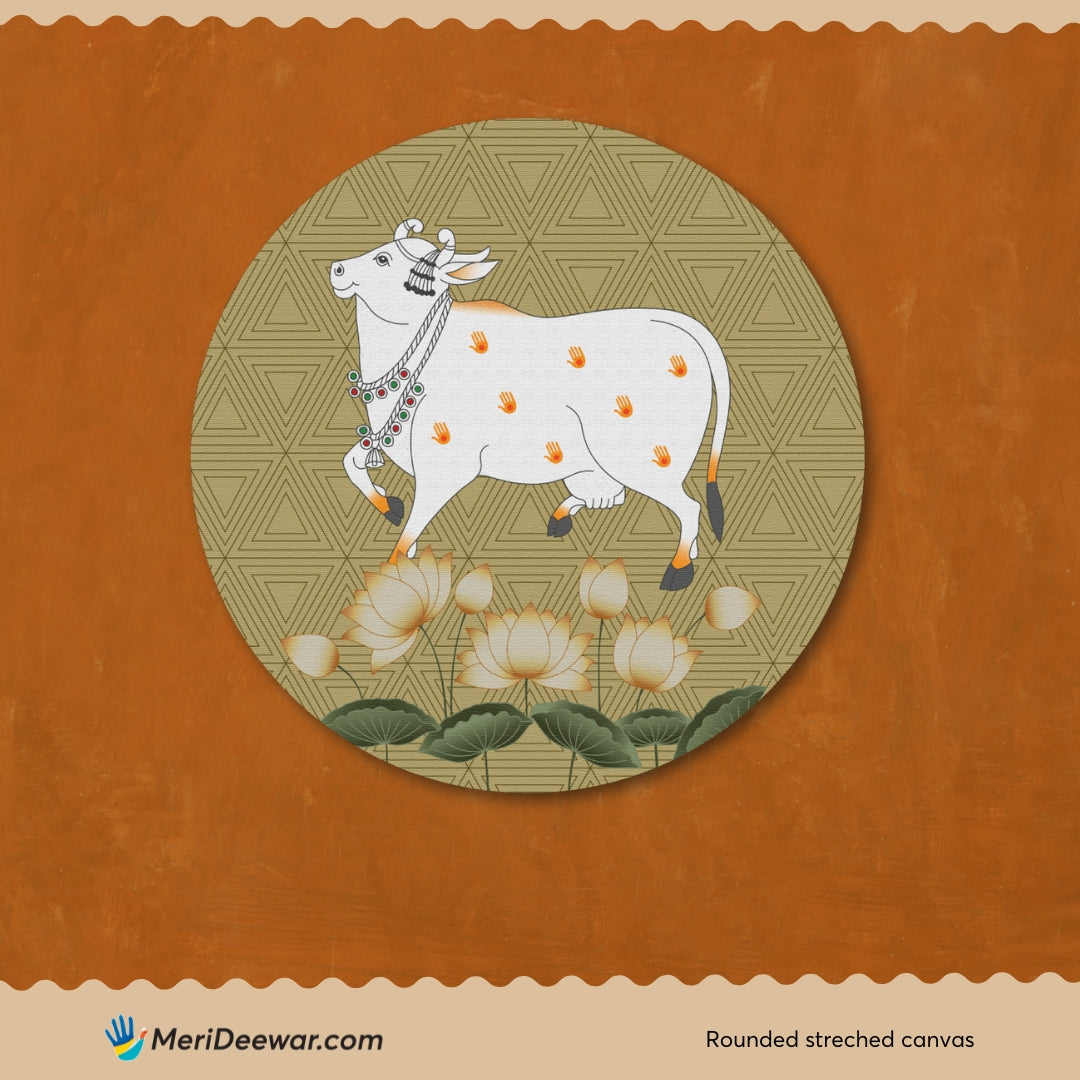 White Pichwai Cow Circular Canvas Frame Circular Canvas Frame Premium Wall Art Canvas by MeriDeewar