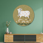 White Pichwai Cow Circular Canvas Frame Circular Canvas Frame Premium Wall Art Canvas by MeriDeewar