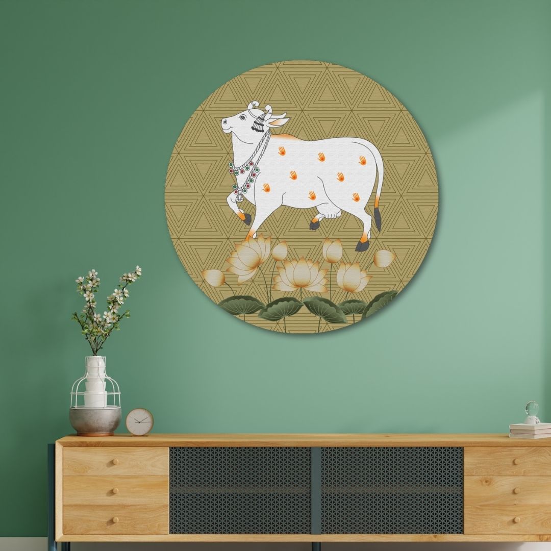 White Pichwai Cow Circular Canvas Frame Circular Canvas Frame Premium Wall Art Canvas by MeriDeewar