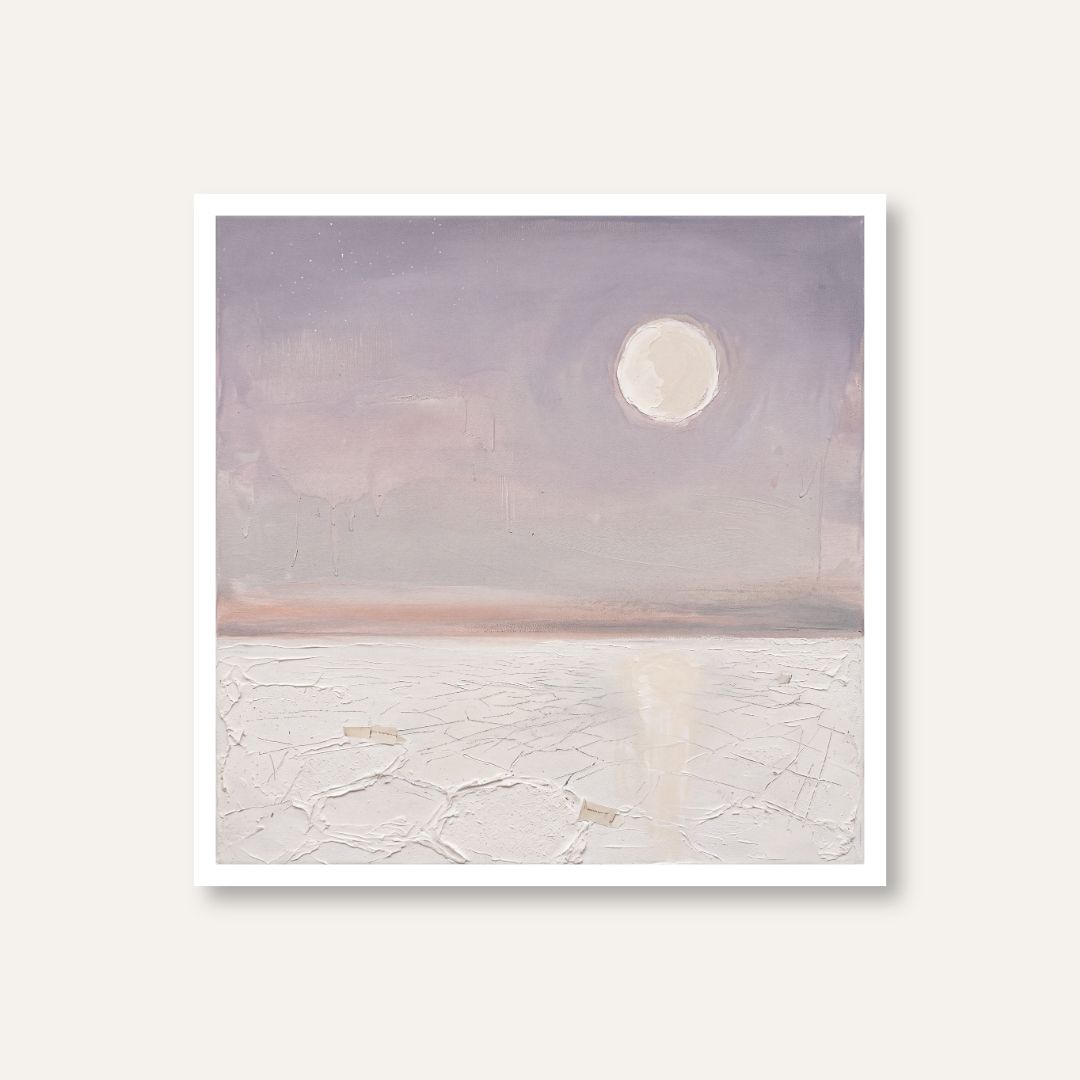 White Rann Full Moon | Minimal Kutch Desert Art 1 : 1 Square Premium Wall Art Canvas by MeriDeewar