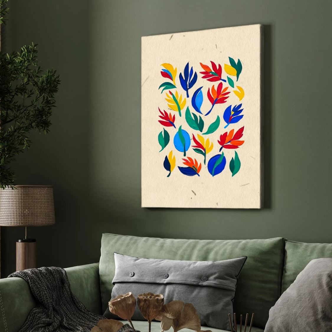 Wild Petal Burst   ( Bright abstract floral leaves – red, blue, yellow mix ) 2 : 3 Vertical Premium Wall Art Canvas by MeriDeewar