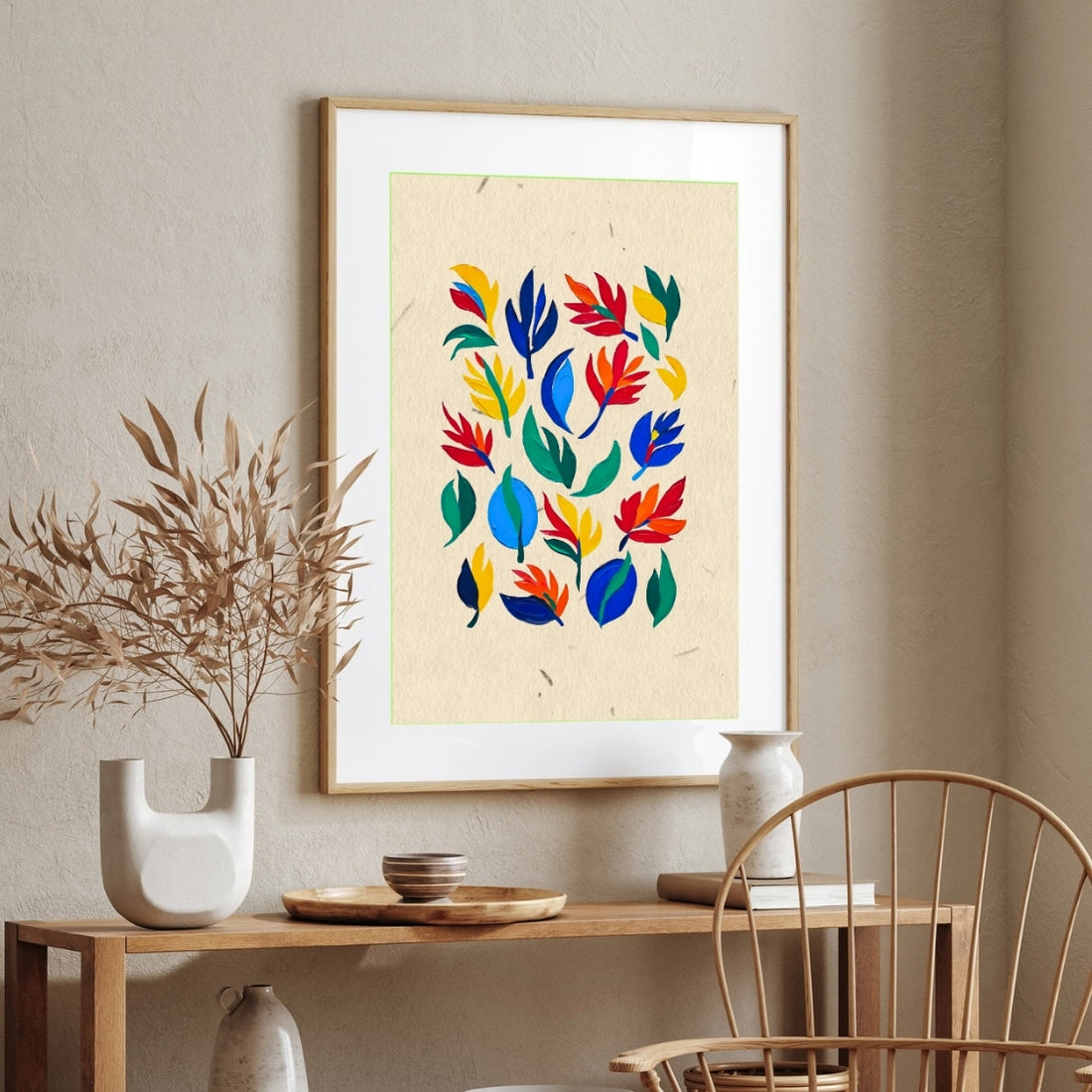 Wild Petal Burst   ( Bright abstract floral leaves – red, blue, yellow mix ) 2 : 3 Vertical Premium Wall Art Canvas by MeriDeewar