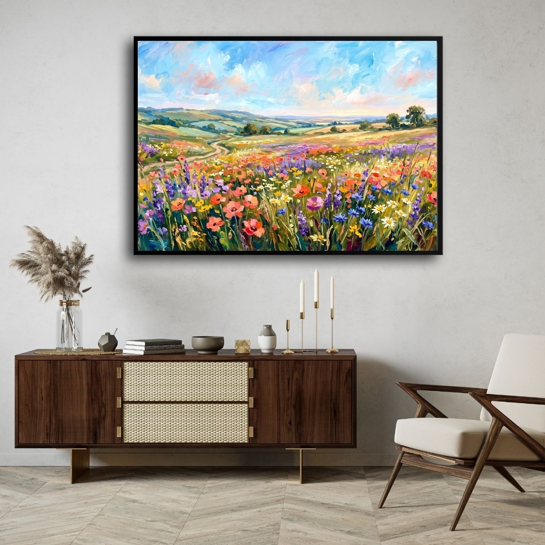 "Wildflower Meadow Landscape" Giclée Print | Indian Wall Art Print 3 : 2 Horizontal Premium Wall Art Canvas by MeriDeewar