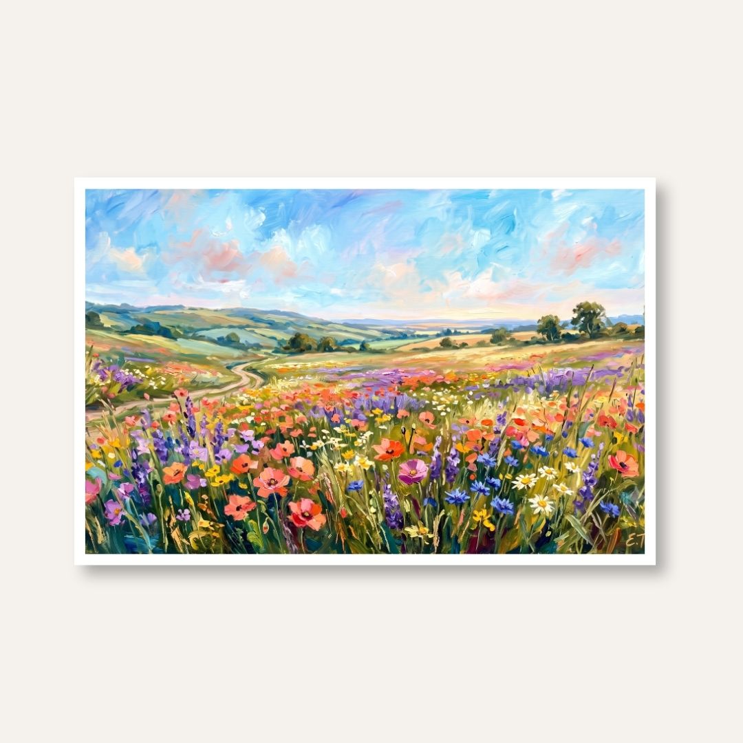 "Wildflower Meadow Landscape" Giclée Print | Indian Wall Art Print 3 : 2 Horizontal Premium Wall Art Canvas by MeriDeewar