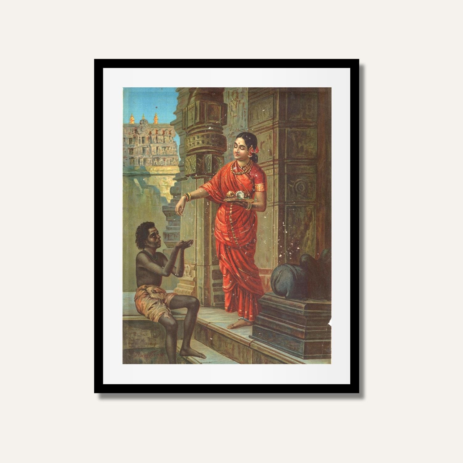Woman Giving Alms to a Beggar Painting – Compassion and Grace | MeriDeewar 4 X 5.5 Vertical Premium Wall Art Canvas by MeriDeewar