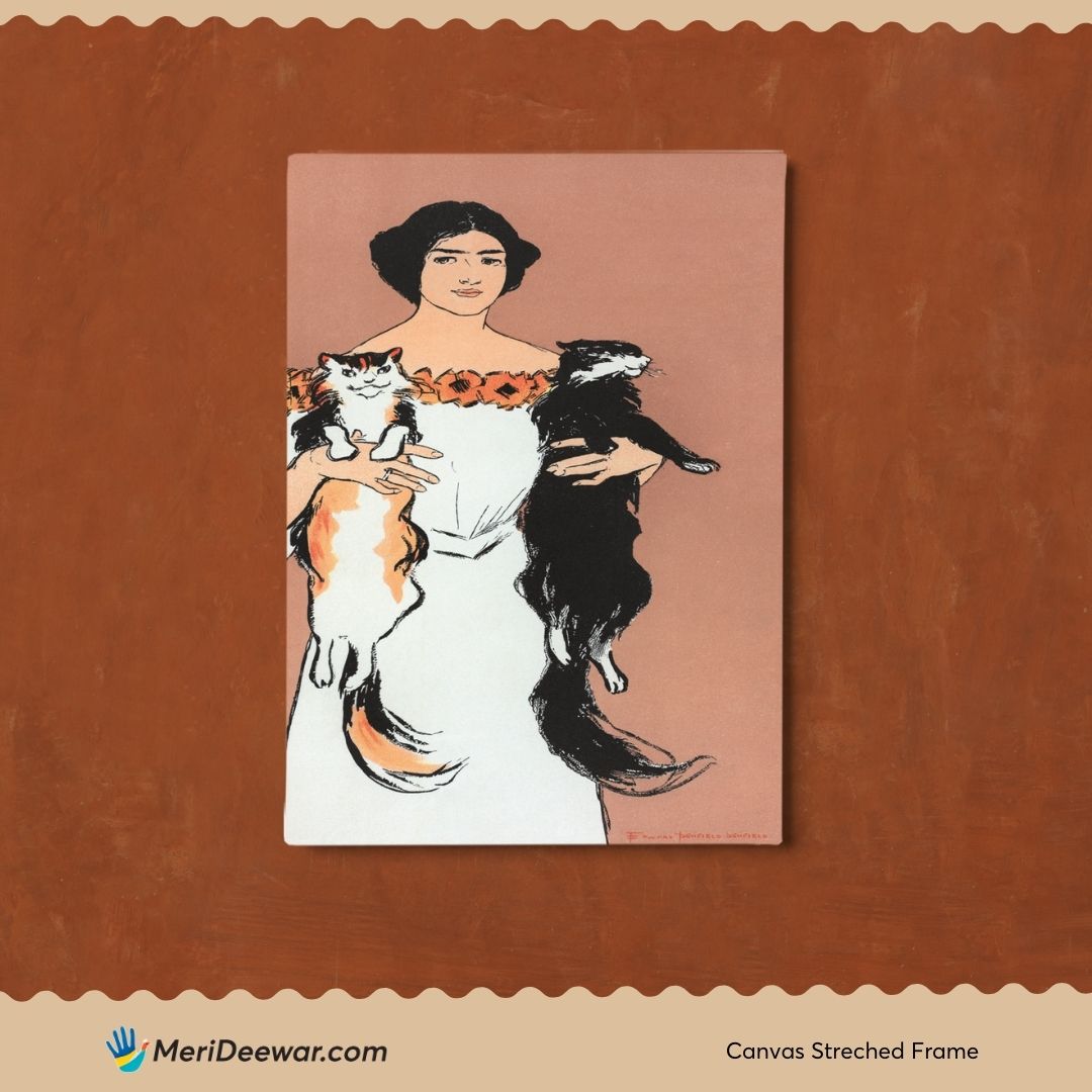 Woman Holding Cats Vintage Painting by Edward Penfield 3 : 4 Vertical New Premium Wall Art Canvas by MeriDeewar