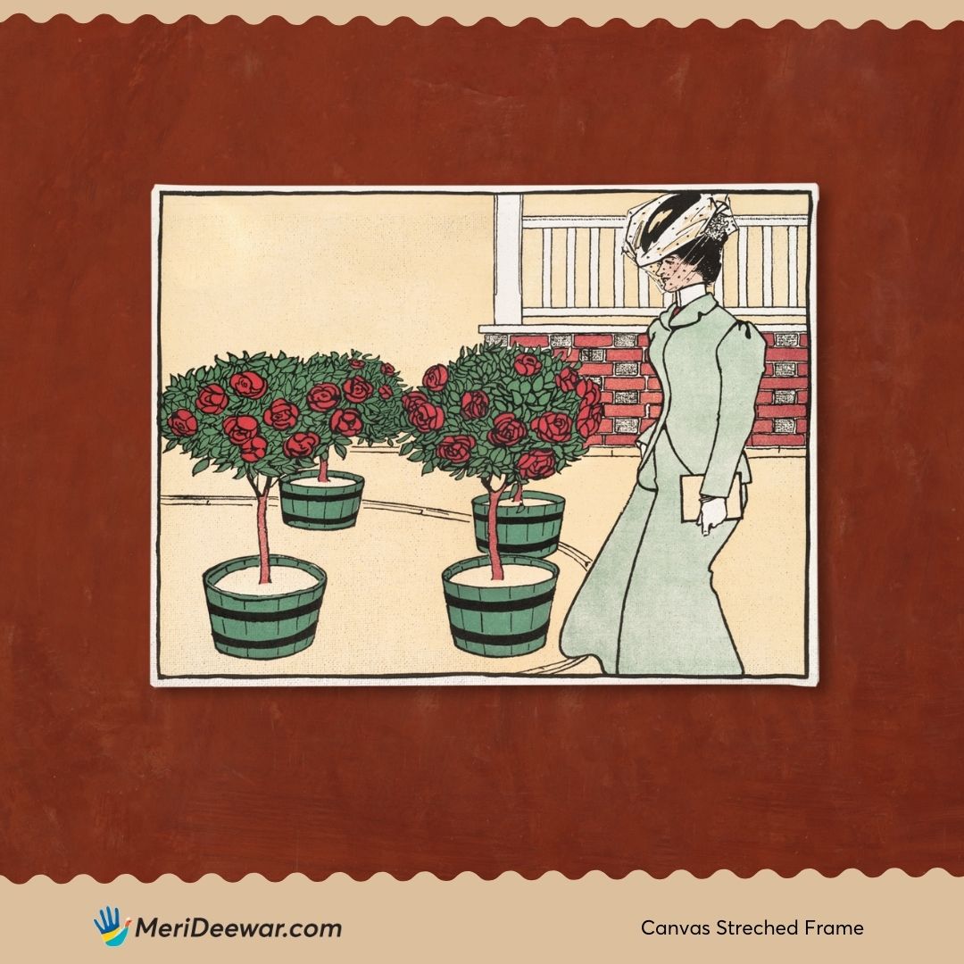 Woman in Rose Garden by Edward Penfield 3 : 4 Horizontal New Premium Wall Art Canvas by MeriDeewar