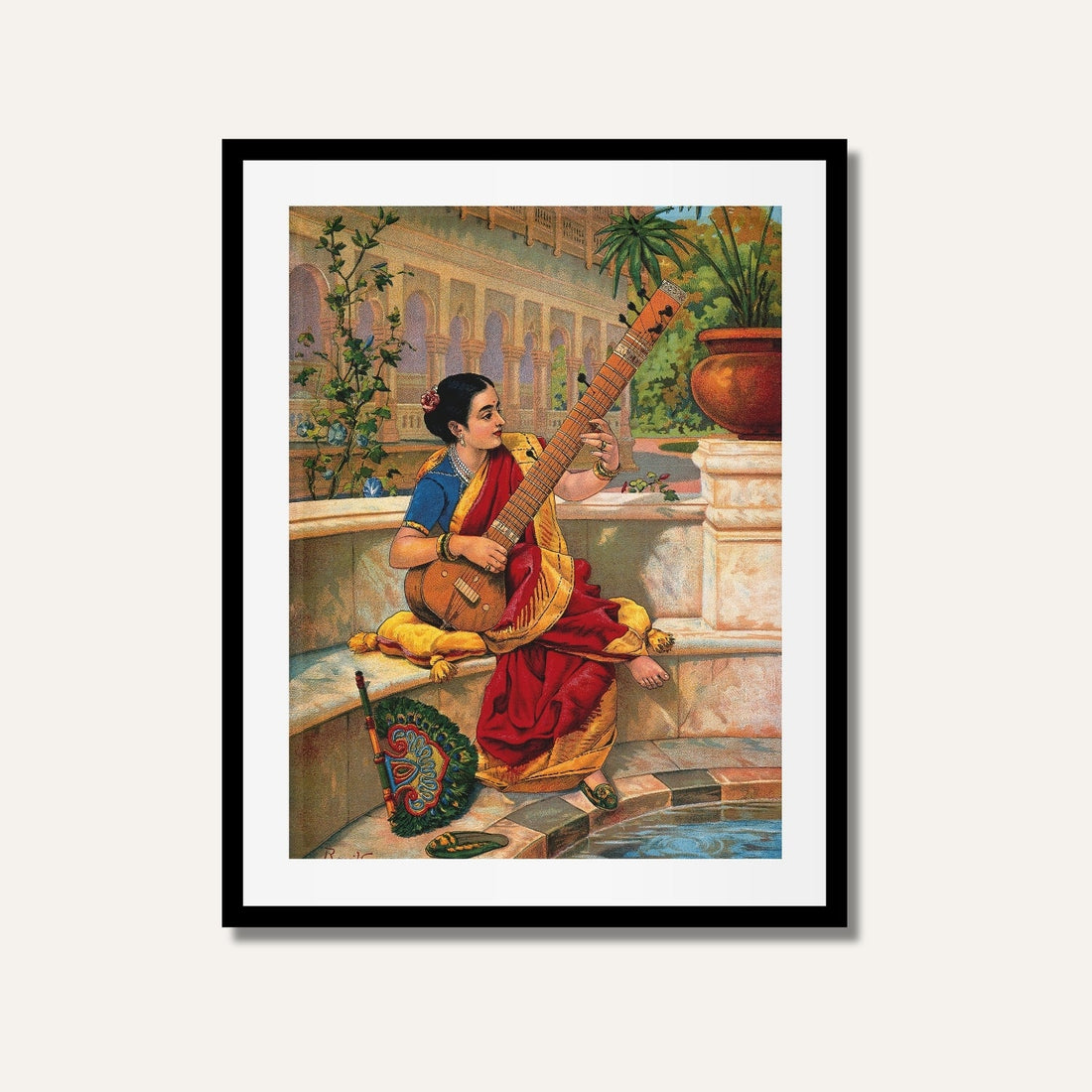 Woman Playing Sitar Painting for Wall Art | Indian Classical Music Artwork by MeriDeewar 3 : 4.2 Vertical Premium Wall Art Canvas by MeriDeewar
