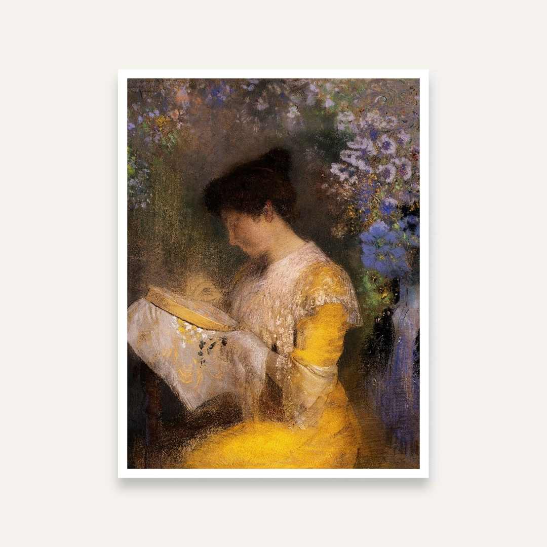 Woman Reading Painting for Living Room | Floral Vintage Wall Art | Odilon Redon Print 4 :5 Vertical Premium Wall Art Canvas by MeriDeewar