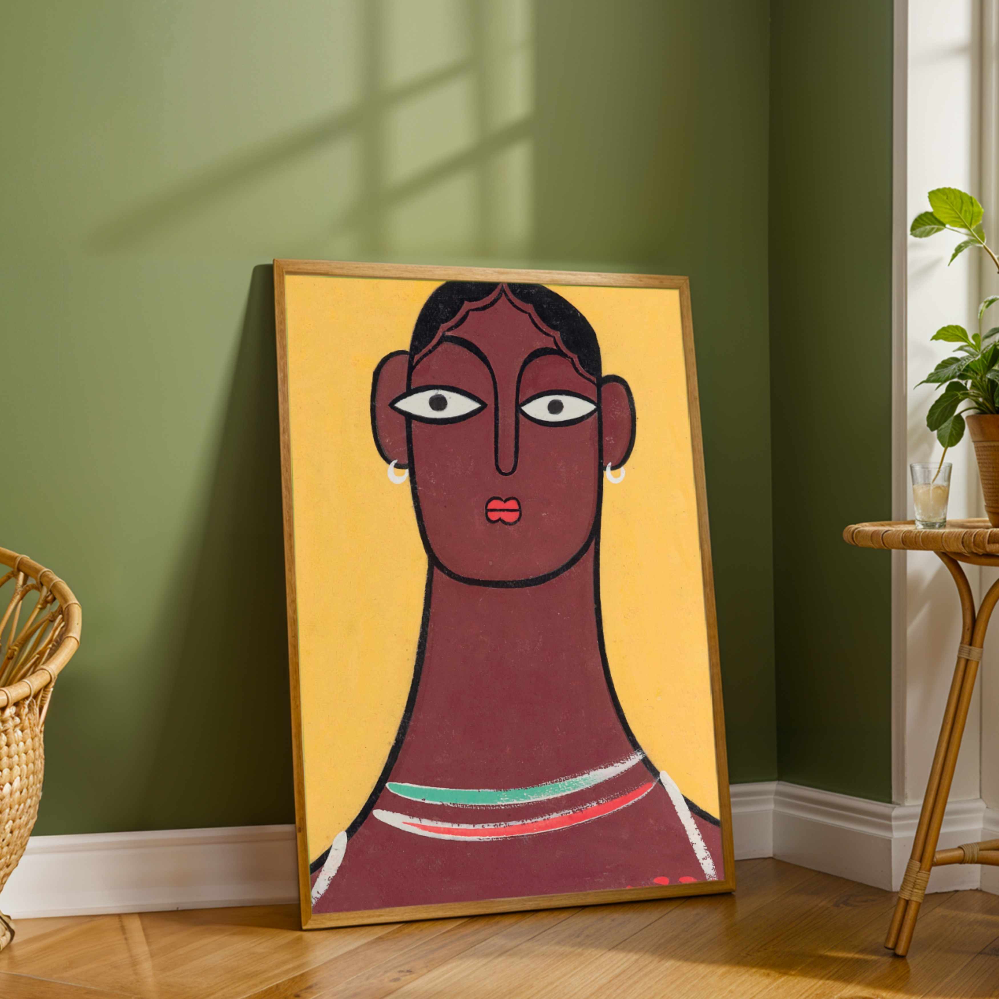 "Woman with Long Neck" Jamini Roy Painting | Fine Art Wall Art 2 : 3 Vertical Premium Wall Art Canvas by MeriDeewar