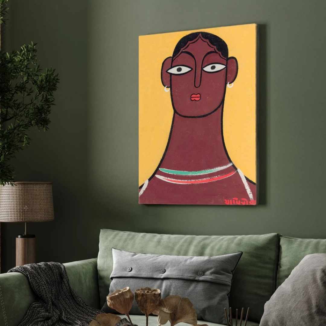 "Woman with Long Neck" Jamini Roy Painting | Fine Art Wall Art 2 : 3 Vertical Premium Wall Art Canvas by MeriDeewar