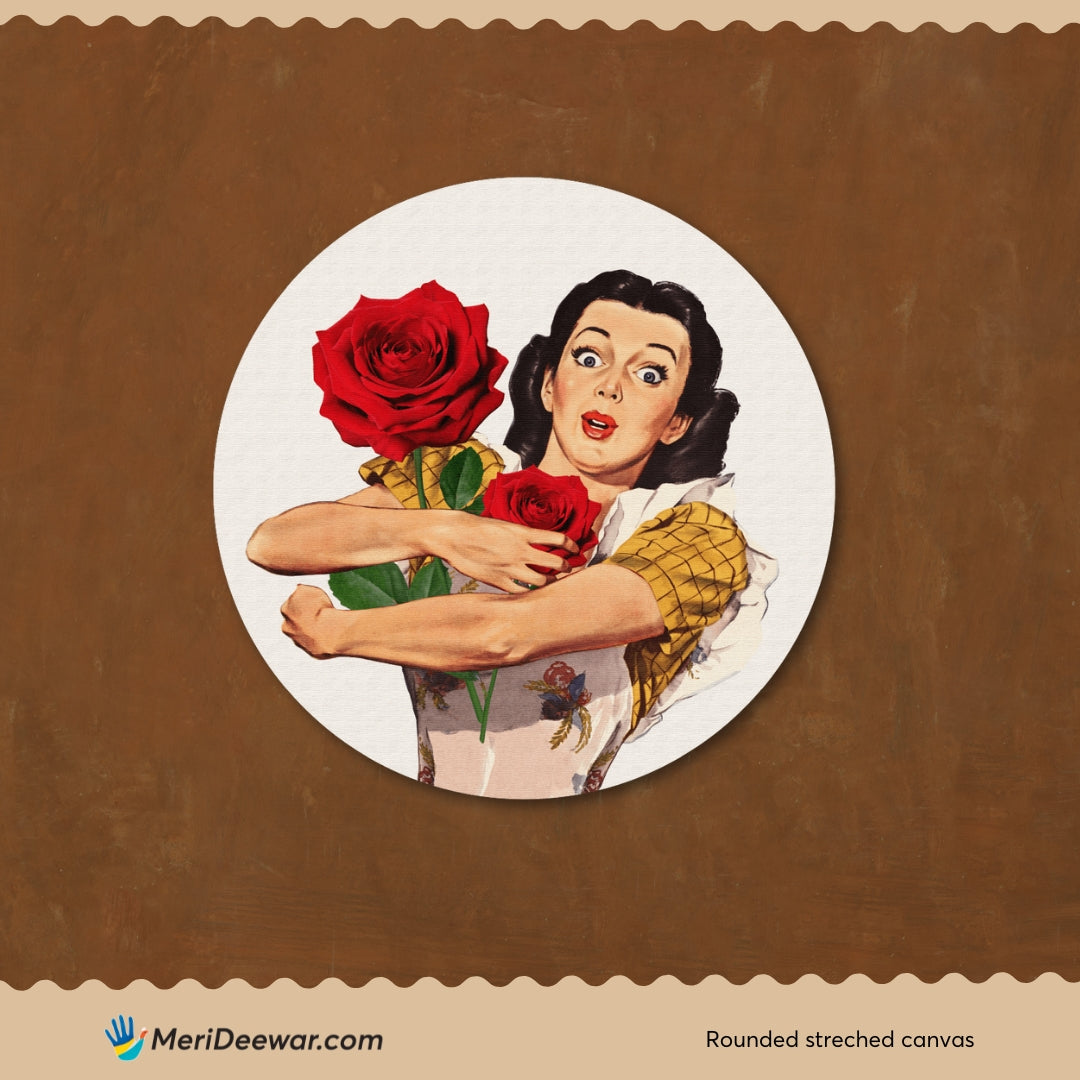 Woman with Roses Circular Canvas Frame Circular Canvas Frame Premium Wall Art Canvas by MeriDeewar