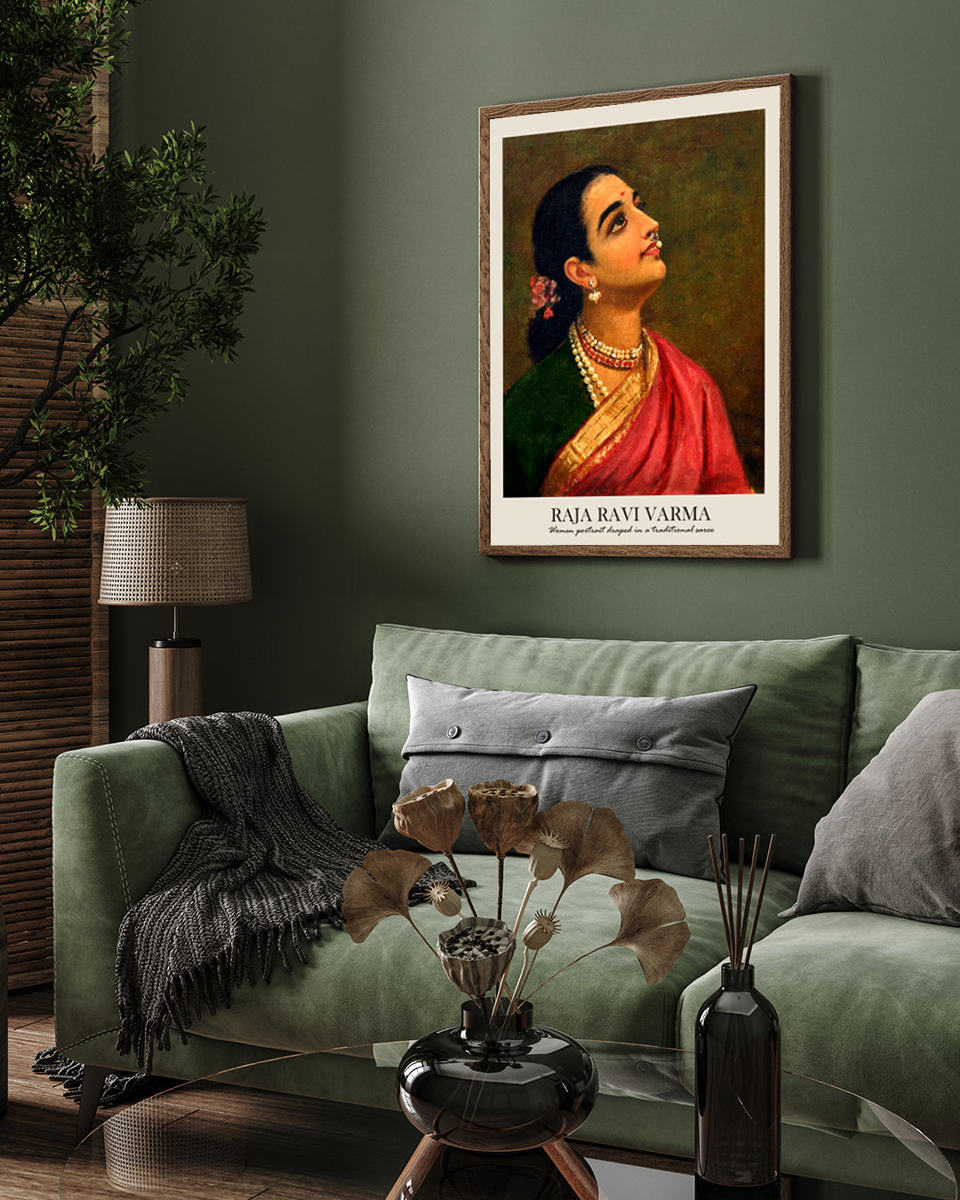 Women portrait draped in a traditional saree Painting by raja ravi varma 3 : 4 Vertical New Premium Wall Art Canvas by MeriDeewar