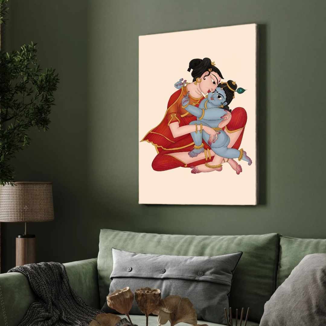 "Yashoda and Baby Krishna" Traditional Indian Folk Art Giclée Print | Fine Art Wall Art 3 : 4 Vertical Premium Wall Art Canvas by MeriDeewar