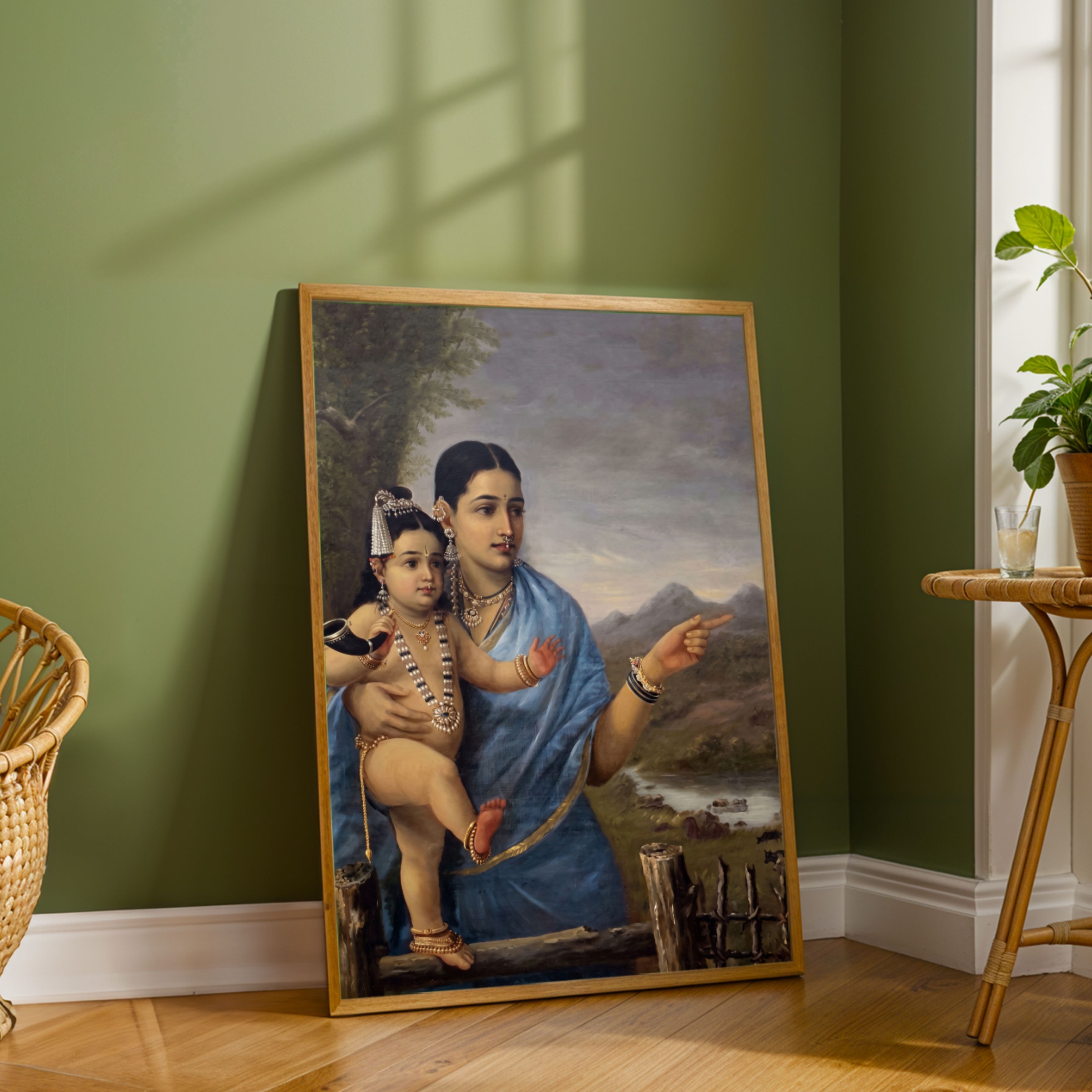 "Yashoda and Krishna in Blue" Raja Ravi Varma  | Indian Classical Wall Art Print 3 : 4 Vertical Premium Wall Art Canvas by MeriDeewar