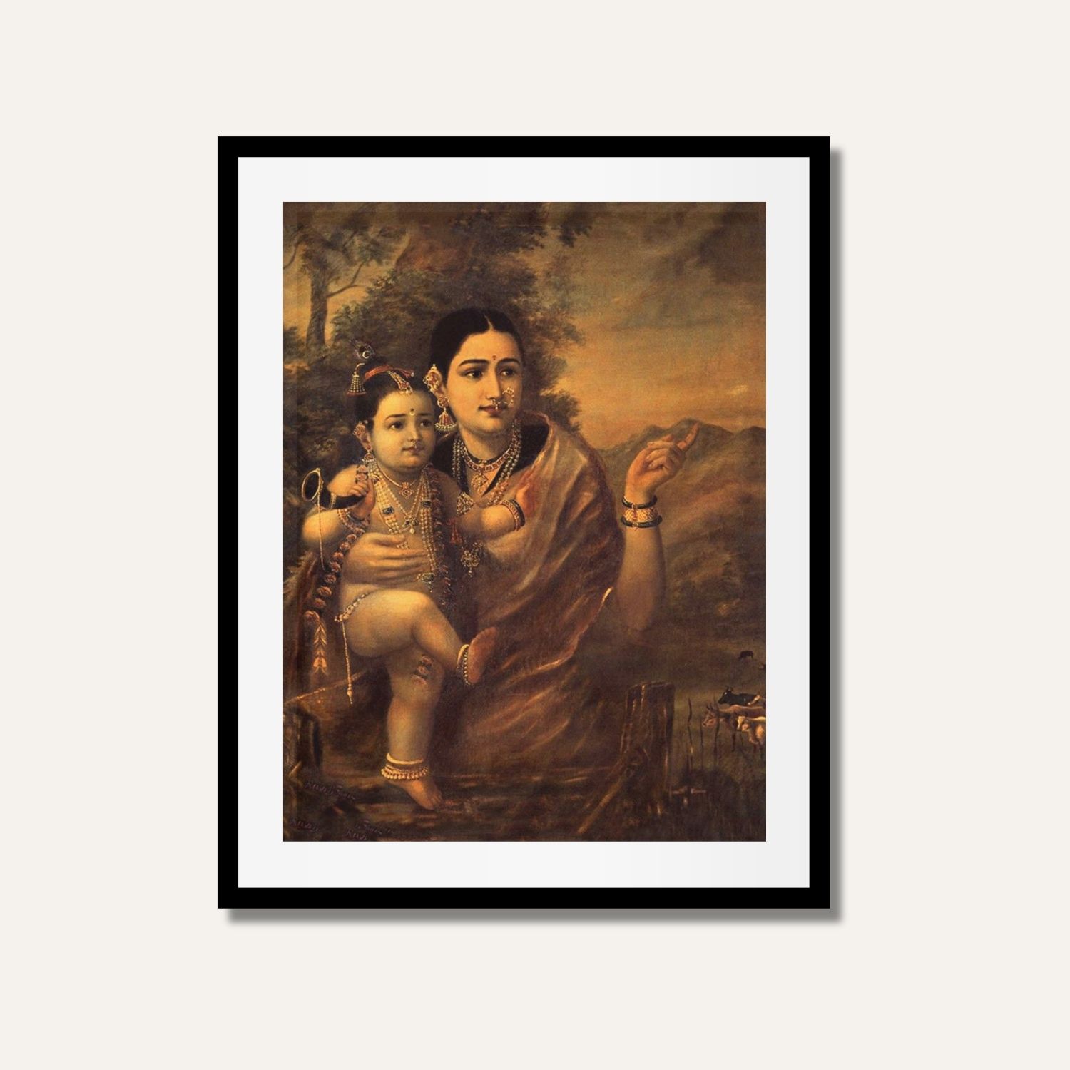 "Yashoda and Krishna" Raja Ravi Varma Fine Art  | Indian Classical Wall Art Print 3 : 4 Vertical Premium Wall Art Canvas by MeriDeewar