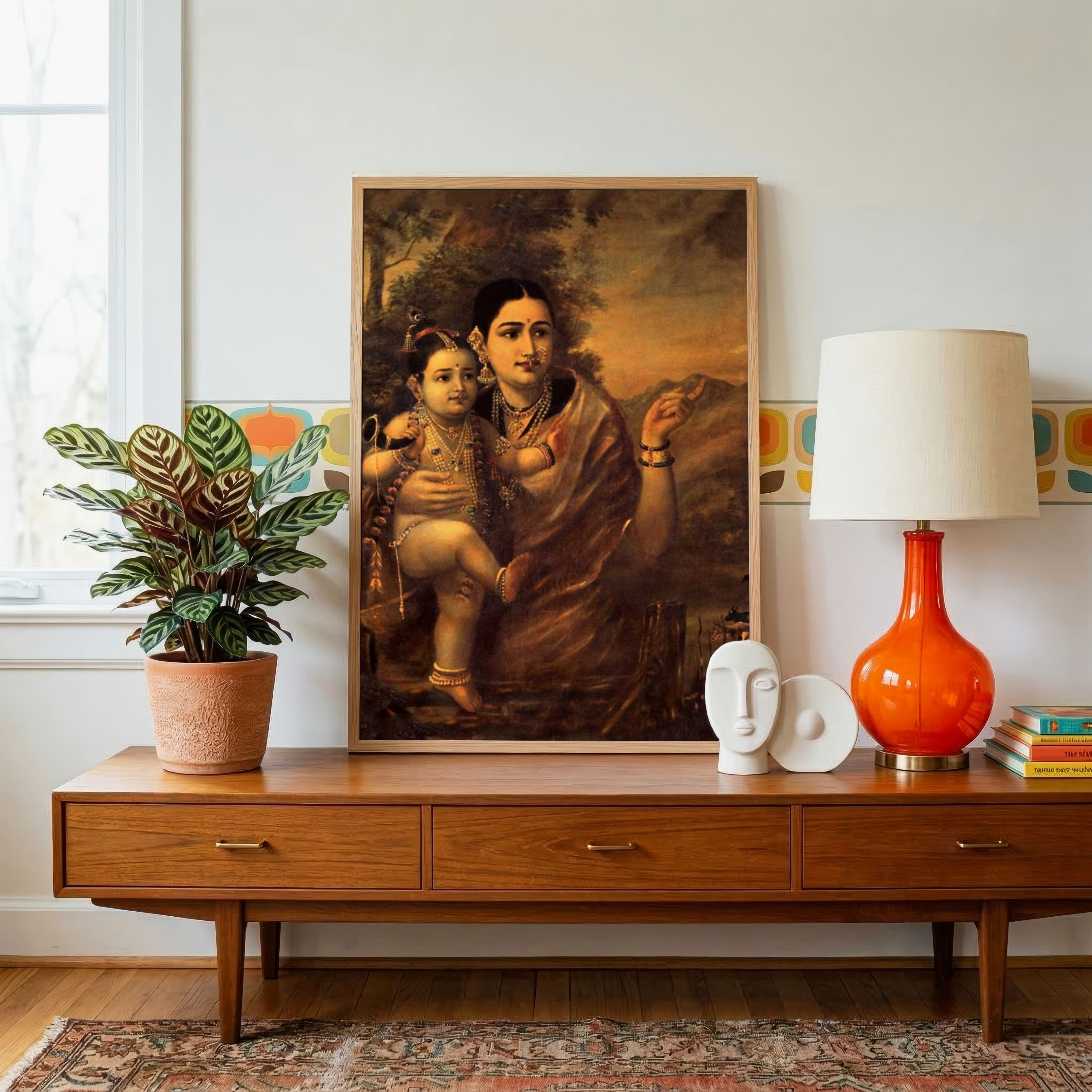 "Yashoda and Krishna" Raja Ravi Varma Fine Art  | Indian Classical Wall Art Print 3 : 4 Vertical Premium Wall Art Canvas by MeriDeewar