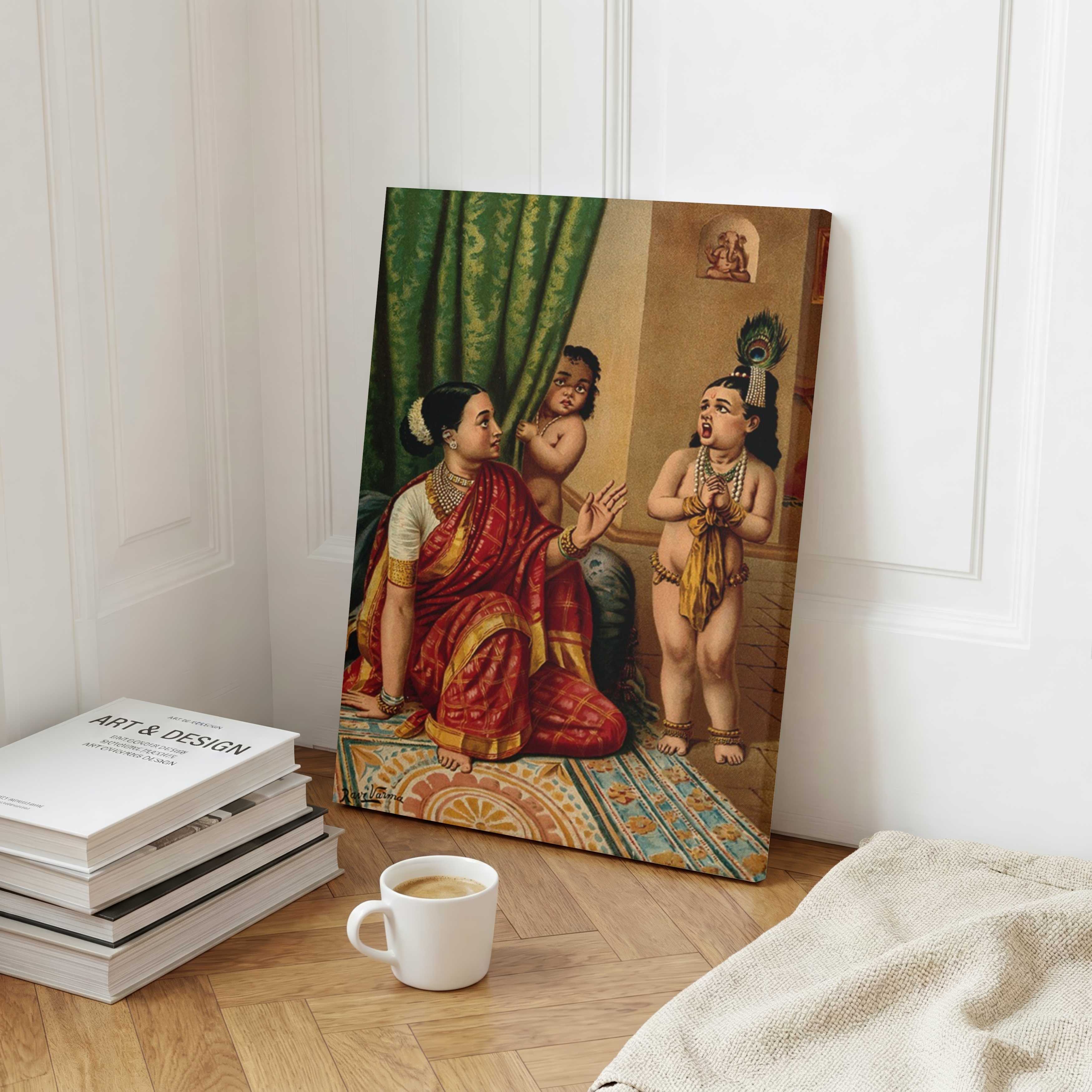Yashoda Krishna Vishvaroop Painting for Living Room | Raja Ravi Varma Wall Art | MeriDeewar 3 : 4 Vertical Premium Wall Art Canvas by MeriDeewar