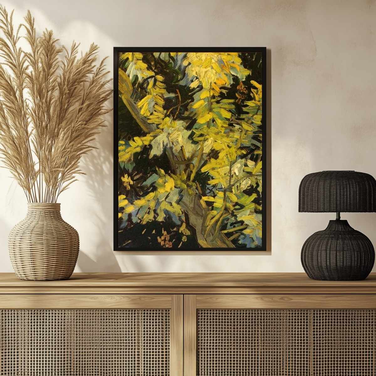 Yellow Floral Painting for Living Room | Van Gogh Blossoming Acacia Branches Wall Art 3 : 4 Vertical Premium Wall Art Canvas by MeriDeewar