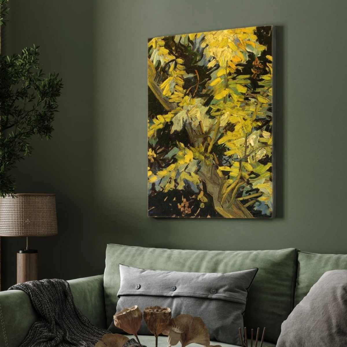 Yellow Floral Painting for Living Room | Van Gogh Blossoming Acacia Branches Wall Art 3 : 4 Vertical Premium Wall Art Canvas by MeriDeewar