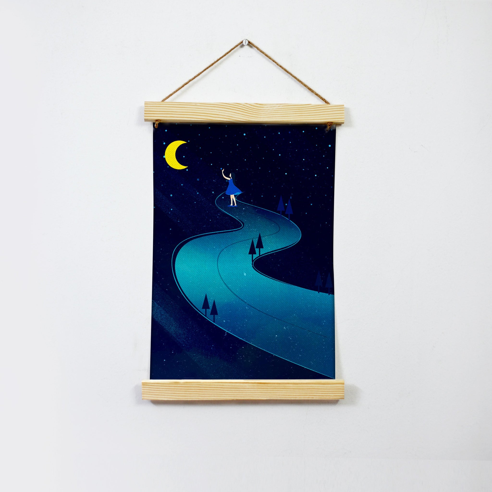 Girl And Moon In Dark Night Hanging Canvas Painting - Meri Deewar - MeriDeewar