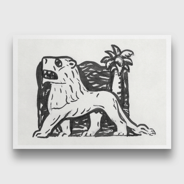 Lion stands in front of a palm tree Painting