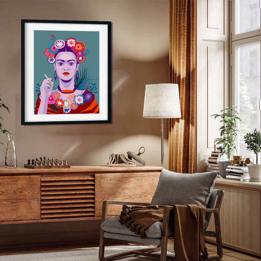 Frida Kahlo with Cigarette on Blue Background Painting
