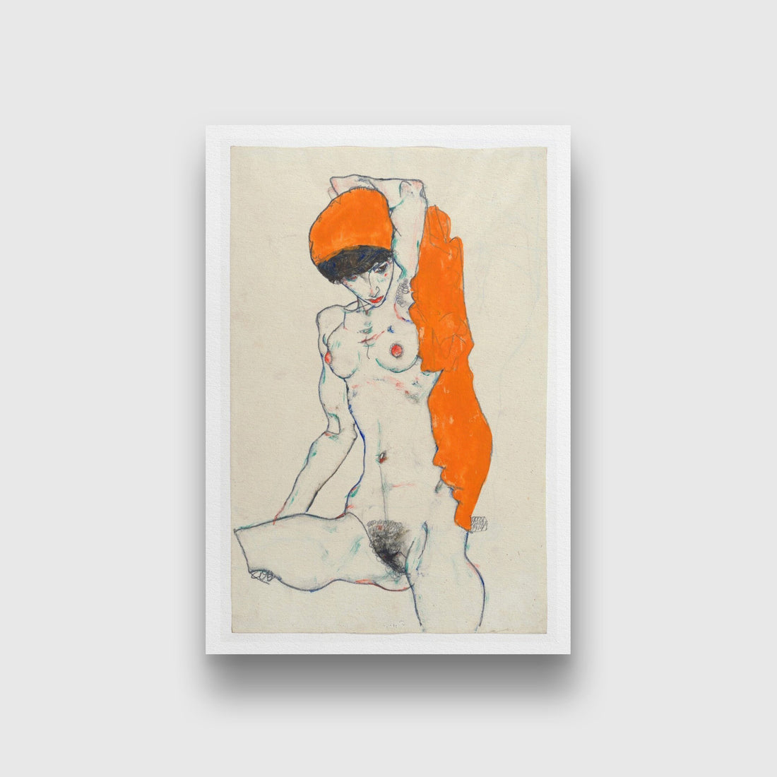 Standing Nude with Orange Drapery Painting - Meri Deewar - MeriDeewar