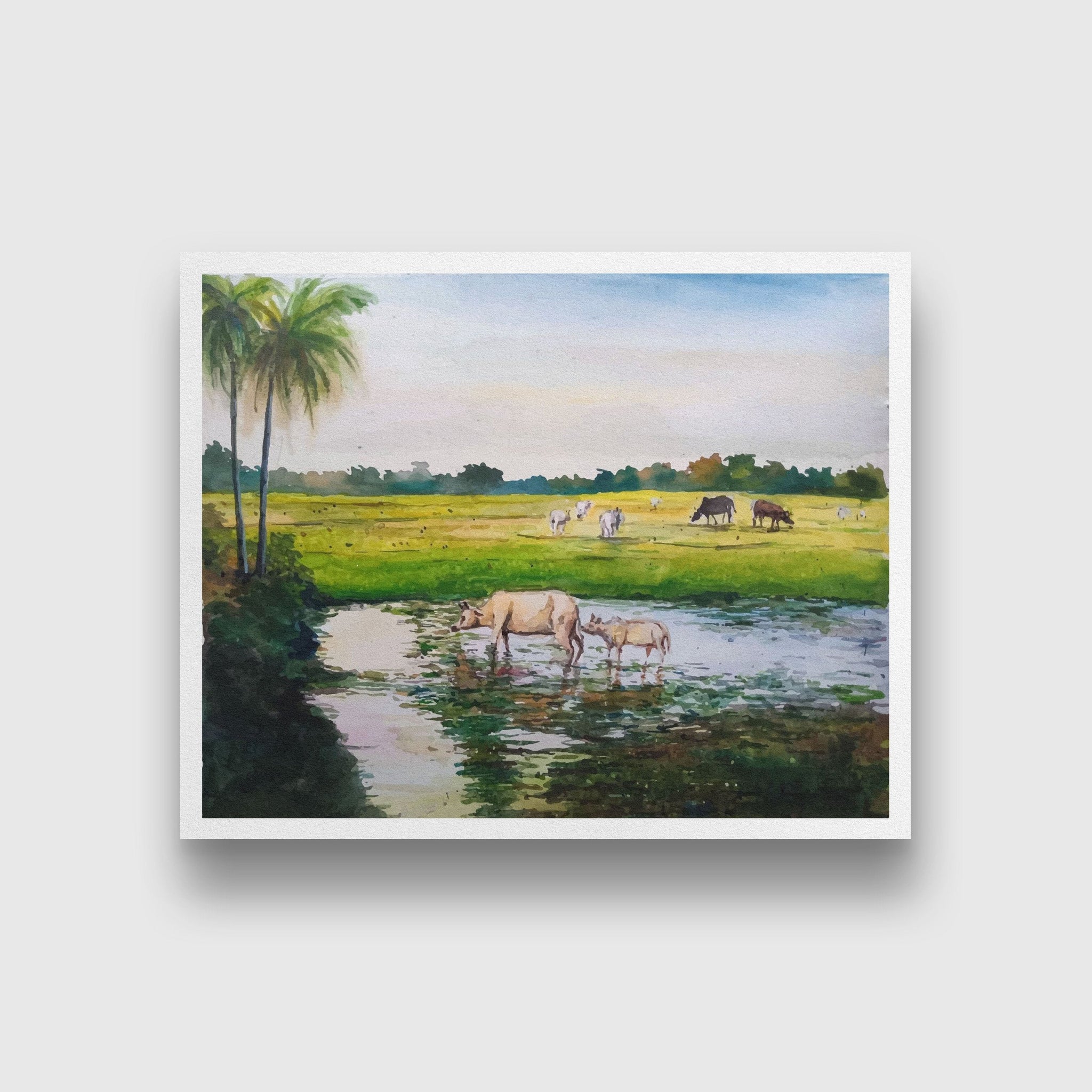 Cow Grazing on Pasture by River Painting - Meri Deewar
