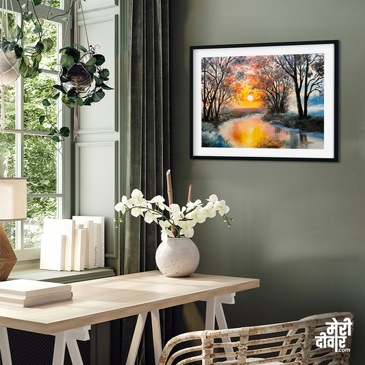 Beautiful Autumn Forest River Canvas Wall Painting