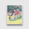 Vincent van Gogh-blossoming almond branch in a glass with a book Painting - Meri Deewar - MeriDeewar